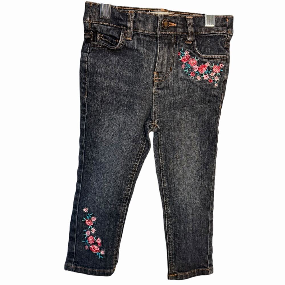 Wonderkids Floral Embroidered Straight Leg Jeans Girls 2T Blue Dark Wash Casual
